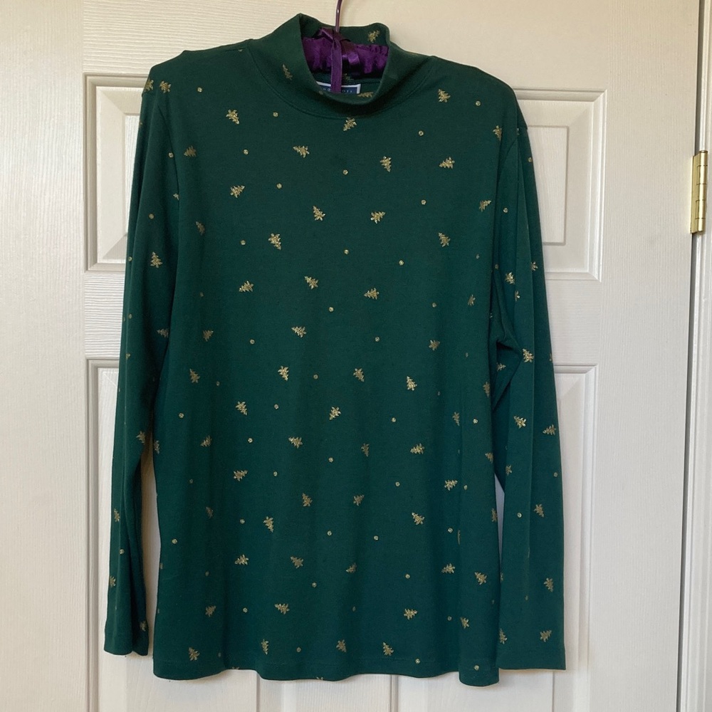 Karen Scott Green Turtleneck Sweater with Gold Christmas Trees Accents
